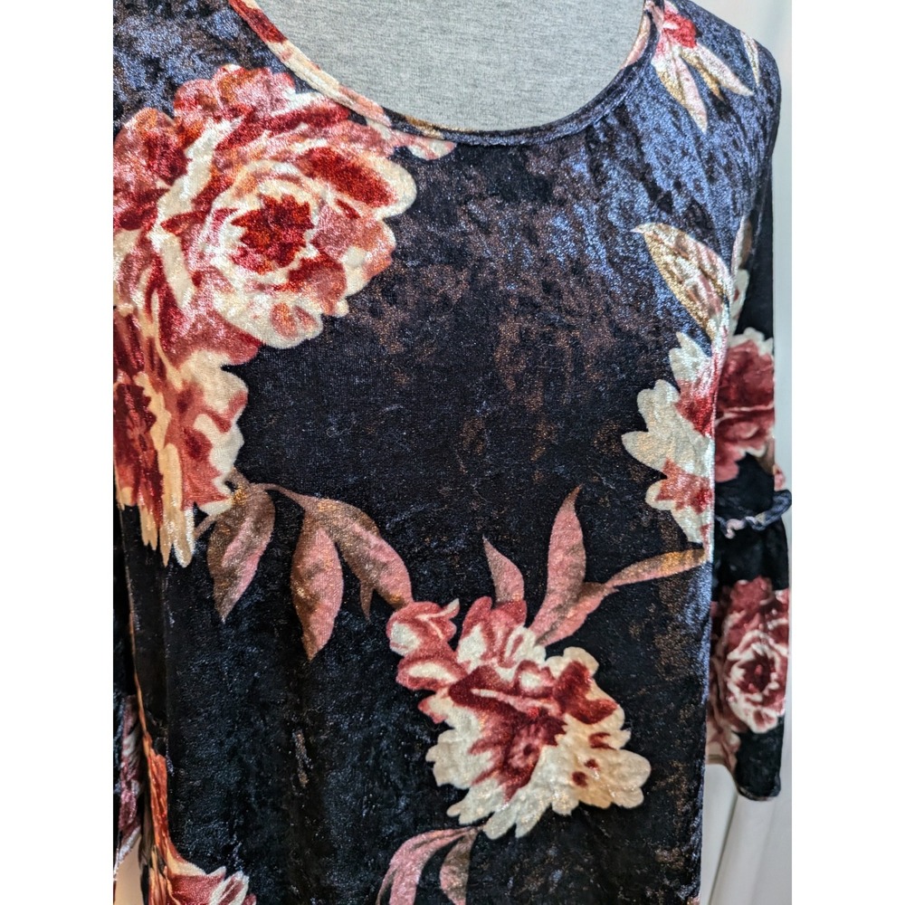 Boho Cottagecore Prairie M Navy Blue Velvet Floral Bell Ruffle Sleeve Sweet Top - Picture 3 of 9